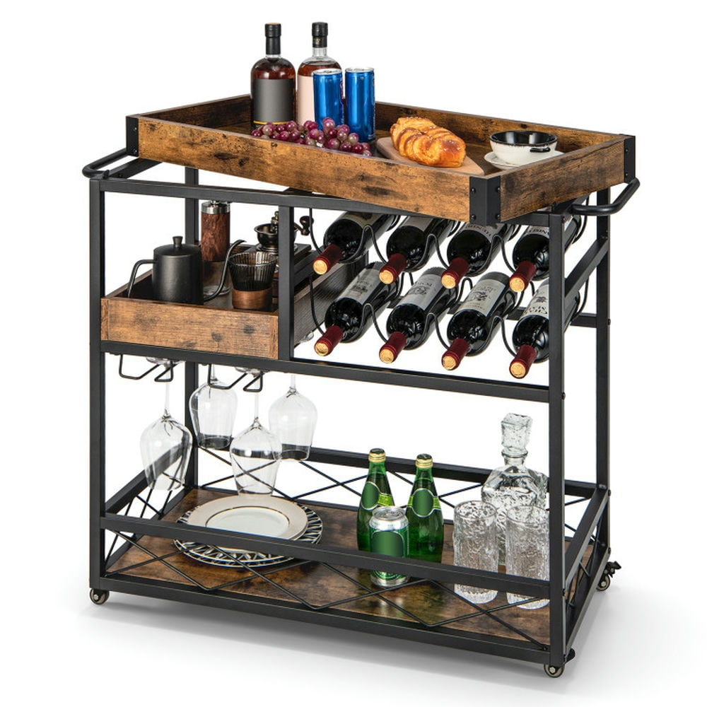 Finihen Rolling Cart, Kitchen Island Cart, 3-Tier Rolling Bar Cart with Removable Tray and Wine Rack, for Kitchen, Dining Room, Rustic Brown Finihen Rolling Cart, Kitchen Island Cart, 3-Tier Rolling Bar Cart with Removable Tray and Wine Rack, for Kitchen, Dining Room, Rustic Brown