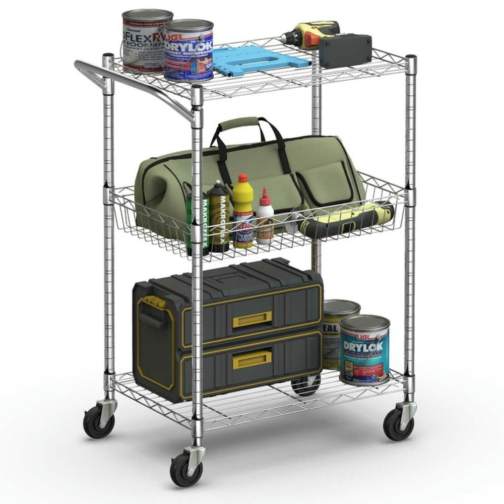 Finihen Rolling Cart, Kitchen Island Cart, 3-Tier Rolling Utility Cart with Handle Bar and Adjustable Shelves, for Kitchen, Dining Room, Silver Finihen Rolling Cart, Kitchen Island Cart, 3-Tier Rolling Utility Cart with Handle Bar and Adjustable Shelves, for Kitchen, Dining Room, Silver