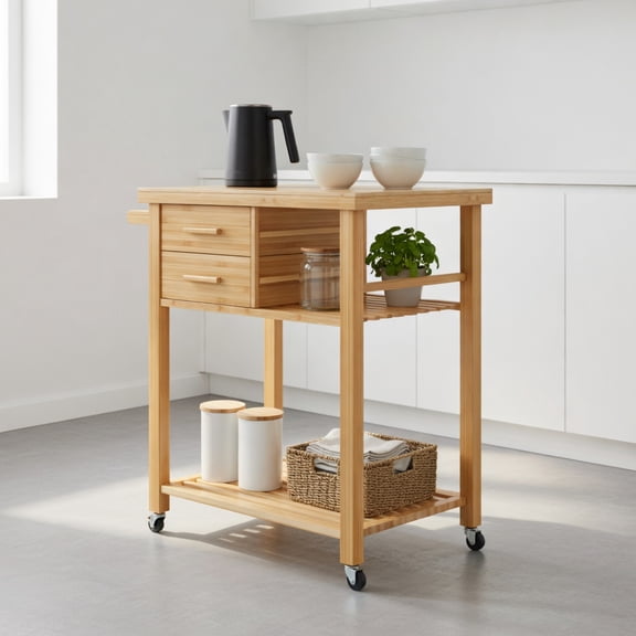 Demi Bonn Rolling Cart, Kitchen Island Cart, Bamboo Kitchen Trolley Cart with Tower Rack and Drawers, for Kitchen, Dining Room, Natural