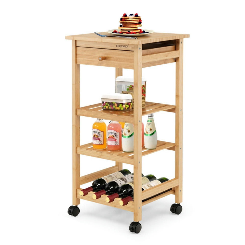 Finihen Rolling Cart, Kitchen Island Cart, Bamboo Rolling Kitchen Trolley Cart with Drawer and Wine Rack, for Kitchen, Dining Room, Natural Finihen Rolling Cart, Kitchen Island Cart, Bamboo Rolling Kitchen Trolley Cart with Drawer and Wine Rack, for Kitchen, Dining Room, Natural