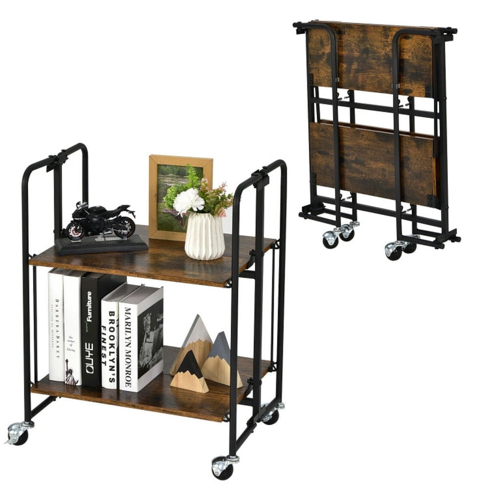 Demi Bonn Rolling Cart, Kitchen Island Cart, Folding Rolling Cart with Metal Frame-2-Tier, for Kitchen, Dining Room, Rustic brown