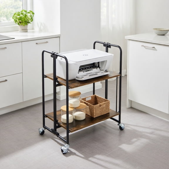 Demi Bonn Rolling Cart, Kitchen Island Cart, Folding Rolling Cart with Metal Frame-2-Tier, for Kitchen, Dining Room, Rustic brown