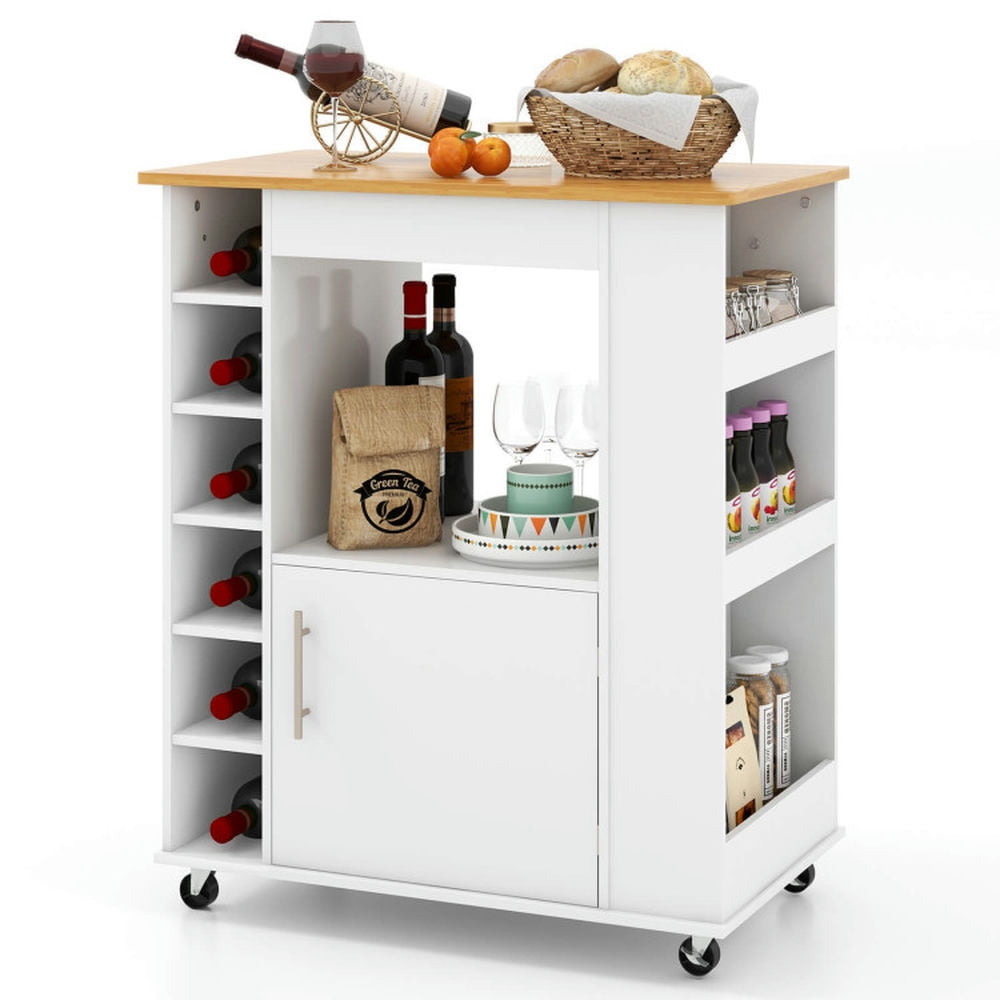 Finihen Rolling Cart, Kitchen Island Cart, Kitchen Cart on Wheels with Bamboo Top and 6-Bottle Wine Rack, for Kitchen, Dining Room, White Finihen Rolling Cart, Kitchen Island Cart, Kitchen Cart on Wheels with Bamboo Top and 6-Bottle Wine Rack, for Kitchen, Dining Room, White