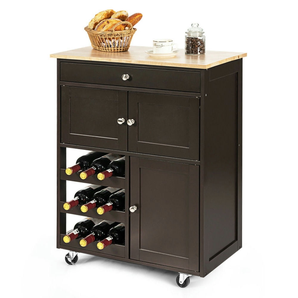 Finihen Rolling Cart, Kitchen Island Cart, Kitchen Cart with Rubber Wood Top 3 Tier Wine Racks 2 Cabinets, for Kitchen, Dining Room, Brown Finihen Rolling Cart, Kitchen Island Cart, Kitchen Cart with Rubber Wood Top 3 Tier Wine Racks 2 Cabinets, for Kitchen, Dining Room, Brown