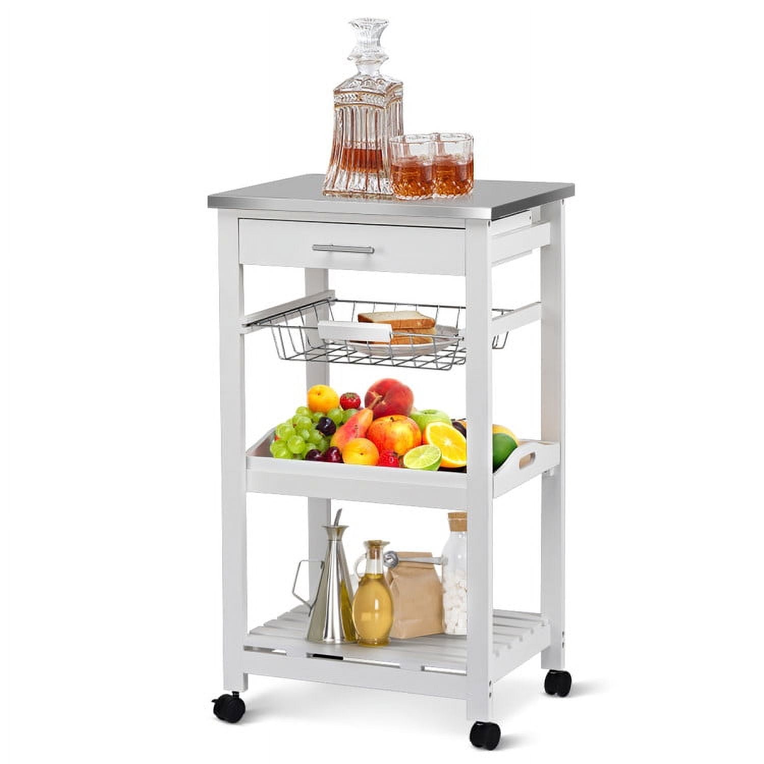 Finihen Rolling Cart, Kitchen Island Cart, Kitchen Island Cart with Stainless Steel Tabletop and Basket, for Kitchen, Dining Room, White Finihen Rolling Cart, Kitchen Island Cart, Kitchen Island Cart with Stainless Steel Tabletop and Basket, for Kitchen, Dining Room, White