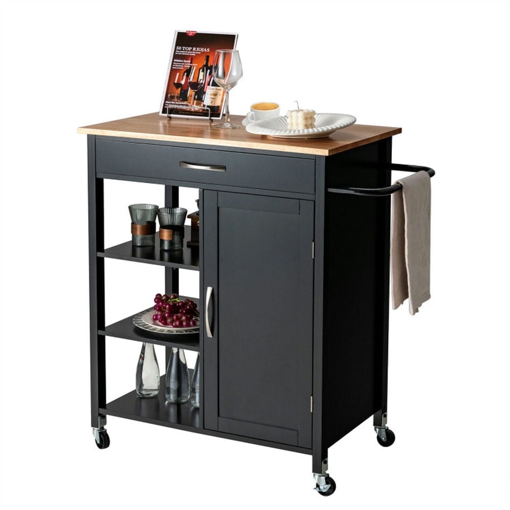 Demi Bonn Rolling Cart, Kitchen Island Cart, Mobile Kitchen Island Cart with Rubber Wood Top, for Kitchen, Dining Room, Black