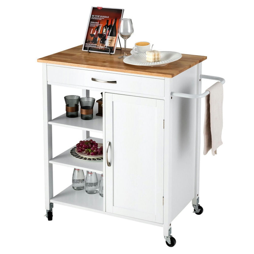 Finihen Rolling Cart, Kitchen Island Cart, Mobile Kitchen Island Cart with Rubber Wood Top, for Kitchen, Dining Room, White Finihen Rolling Cart, Kitchen Island Cart, Mobile Kitchen Island Cart with Rubber Wood Top, for Kitchen, Dining Room, White