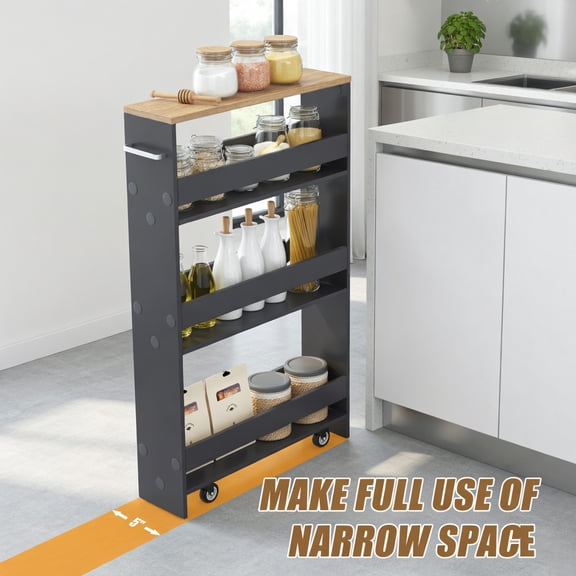 Demi Bonn Rolling Cart, Kitchen Island Cart, Rolling Kitchen Slim Storage Cart Mobile Shelving Organizer with Handle, for Kitchen, Dining Room, Gray