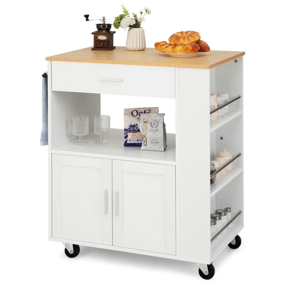 Demi Bonn Rolling Cart, Kitchen Island Cart, Rolling Kitchen Trolley with 3 Spice Racks Drawer and Open Shelf, for Kitchen, Dining Room, White