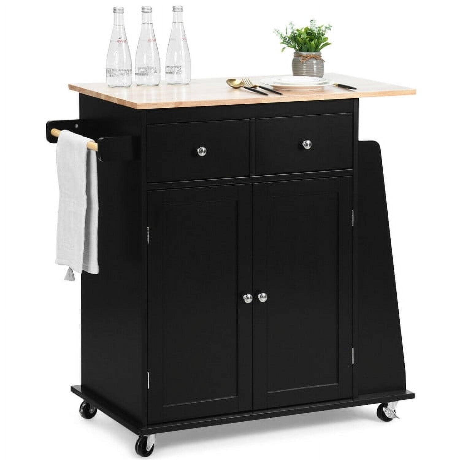 Demi Bonn Rolling Cart, Kitchen Island Cart, Rubber Wood Countertop Rolling Kitchen Island Cart, for Kitchen, Dining Room, Black
