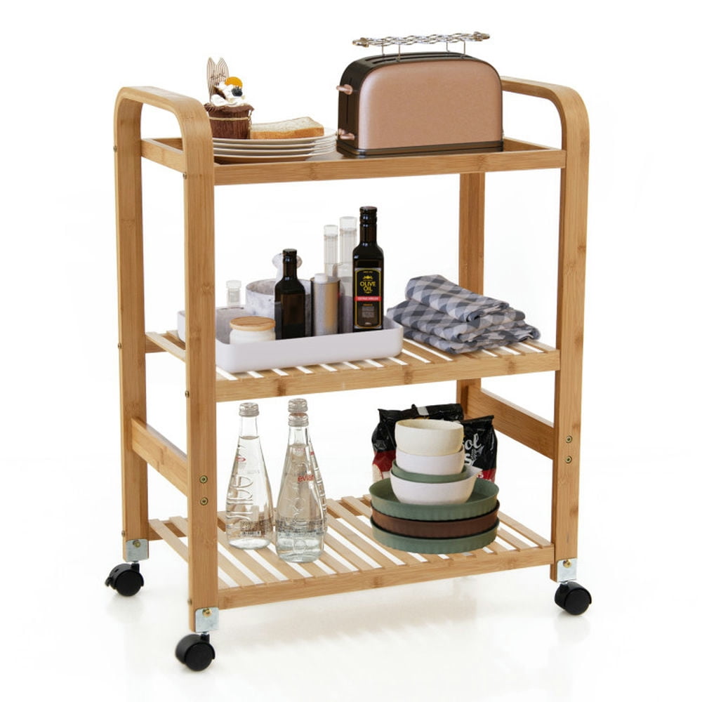 Finihen Rolling Cart, Kitchen Island Cart, Multifunctional Bamboo Kitchen Rolling Cart with Locking Casters and Sided Handles-3-Tier, for Kitchen, Dining Room, Natural Finihen Rolling Cart, Kitchen Island Cart, Multifunctional Bamboo Kitchen Rolling Cart with Locking Casters and Sided Handles-3-Tier, for Kitchen, Dining Room, Natural