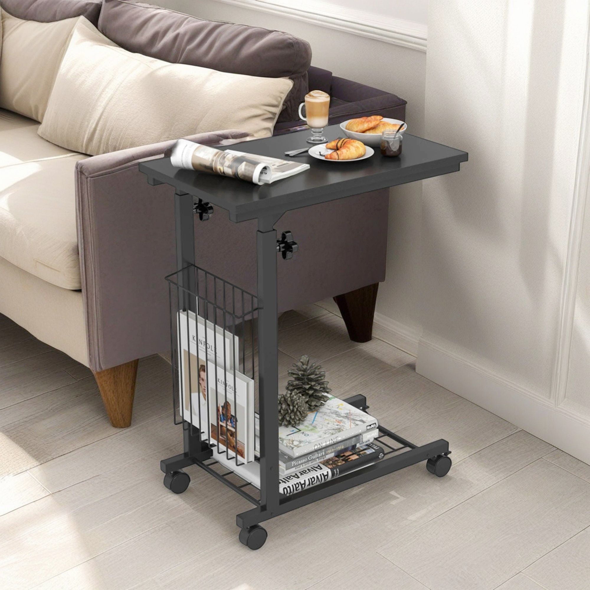 Demi Bonn Rolling Side Table, Sofa and Bed Side Table, Rolling Height Adjustable Sofa End Side Table, for Living Room, Bedroom, Black