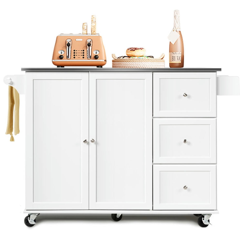 Finihen Rolling Storage Cabinet Cart, Kitchen Island Cart, Kitchen Island 2-Door Storage Cabinet with Drawers and Stainless Steel Top, for Kitchen, Dining Room, White