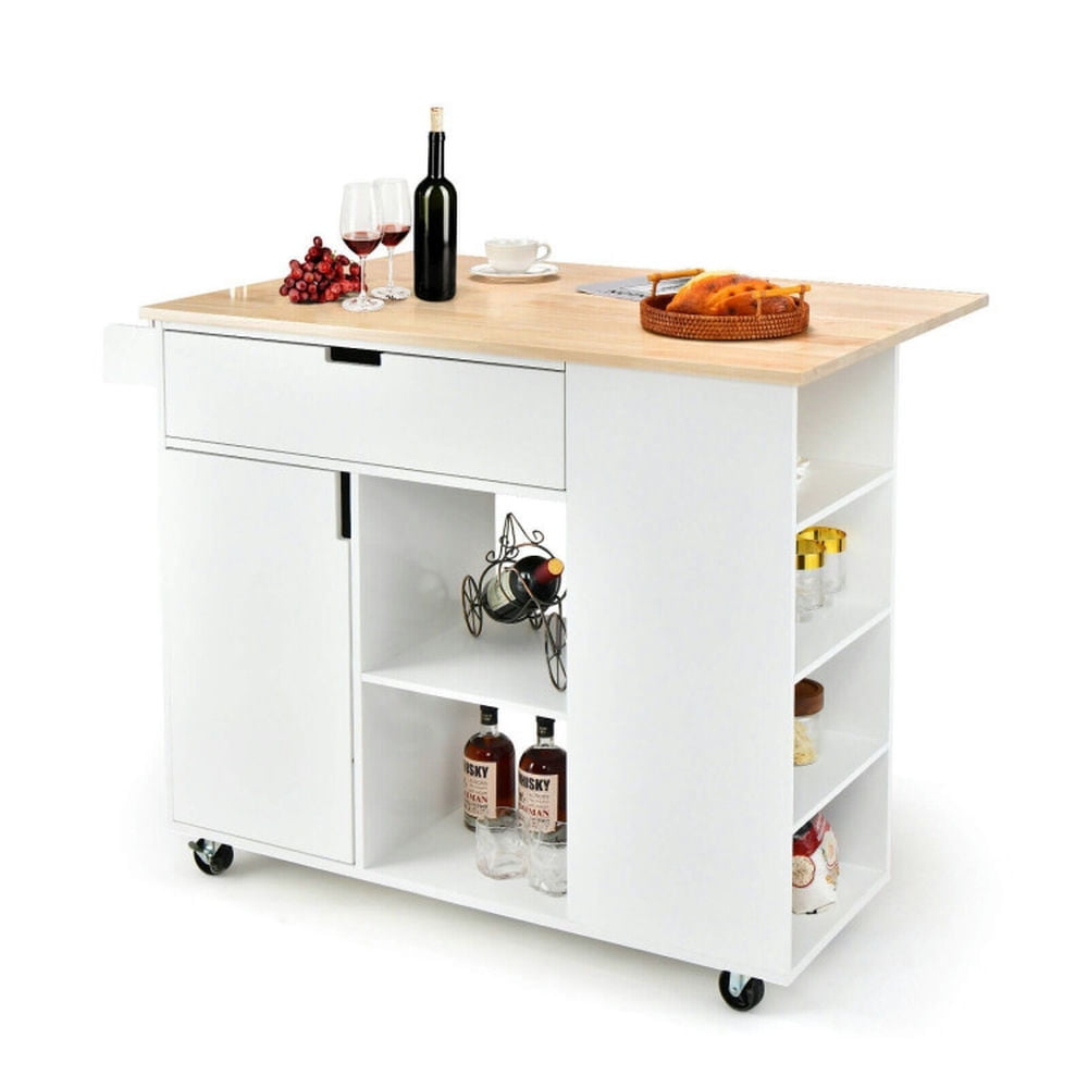 Demi Bonn Rolling Storage Cabinet Cart, Kitchen Island Cart, Drop-Leaf Kitchen Island with Rubber Wood Top, for Kitchen, Dining Room, White