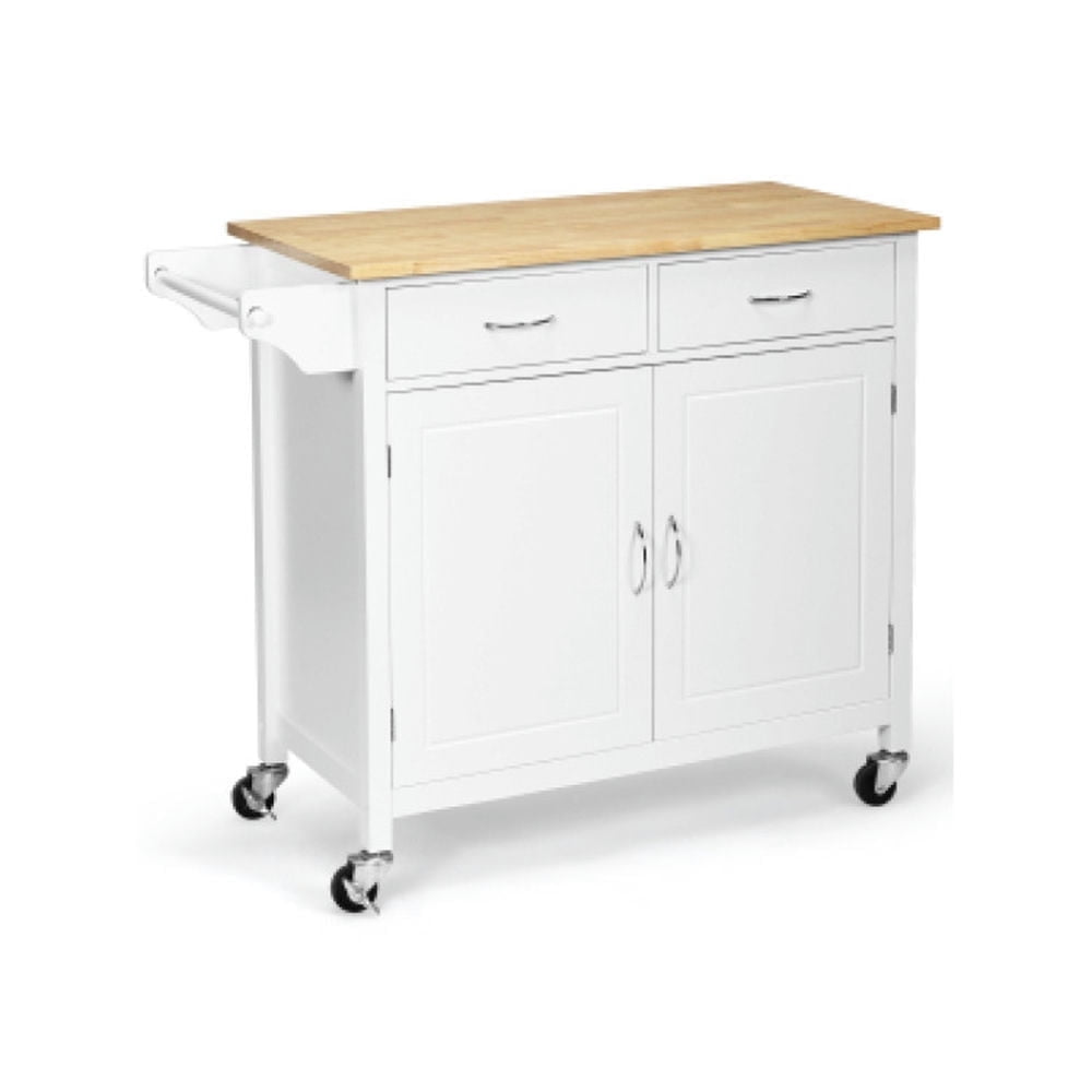 Demi Bonn Rolling Storage Cabinet Cart, Kitchen Island Cart, Modern Rolling Kitchen Cart Island with Wooden Top, for Kitchen, Dining Room, White