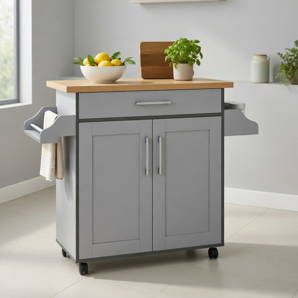 Demi Bonn Rolling Storage Cabinet Cart, Kitchen Island Cart, Rolling Kitchen Island Cart with Towel and Spice Rack, for Kitchen, Dining Room, Gray