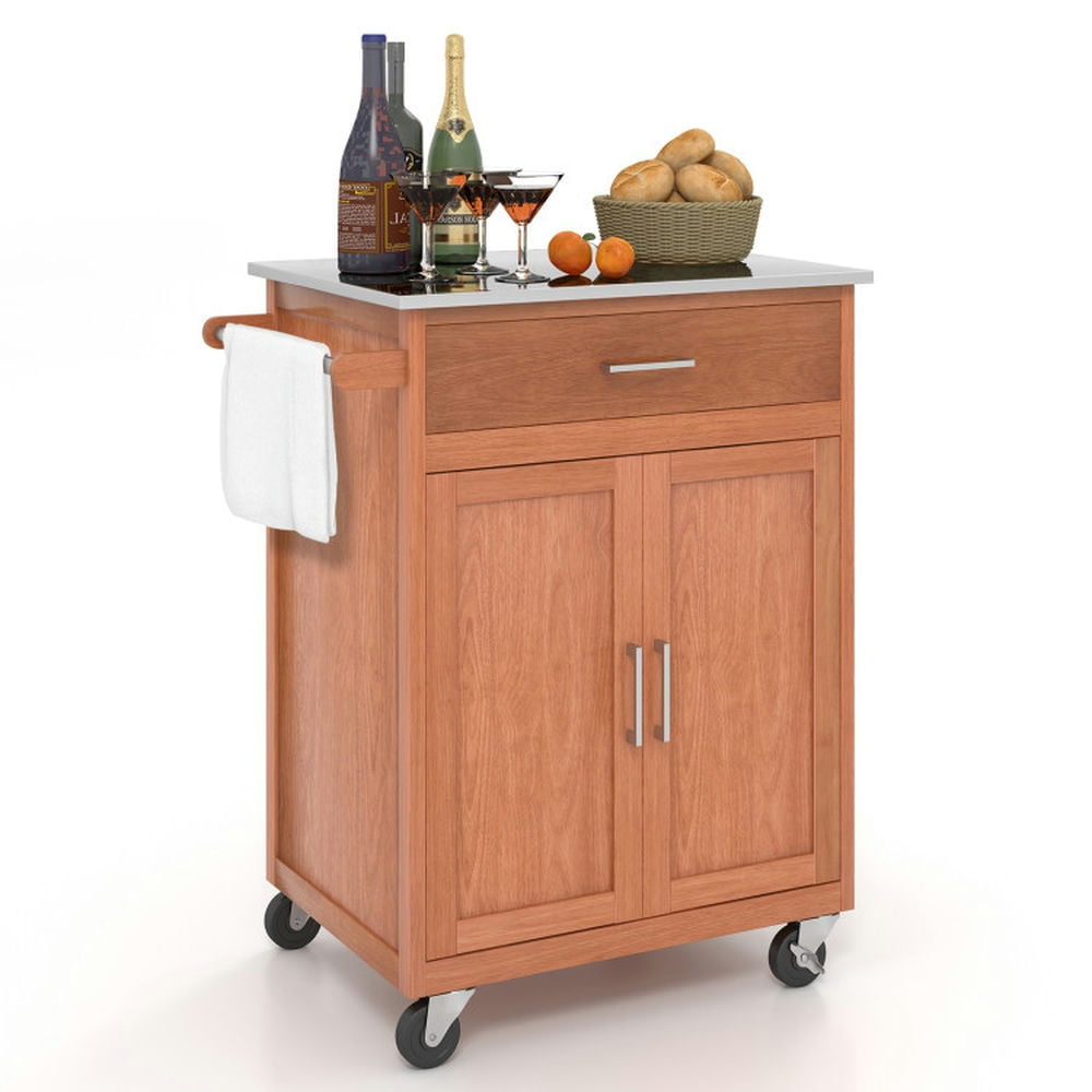 Finihen Rolling Storage Cabinet Cart, Kitchen Island Cart, Wooden Kitchen Rolling Storage Cabinet with Stainless Steel Top, for Kitchen, Dining Room, Brown Finihen Rolling Storage Cabinet Cart, Kitchen Island Cart, Wooden Kitchen Rolling Storage Cabinet with Stainless Steel Top, for Kitchen, Dining Room, Brown