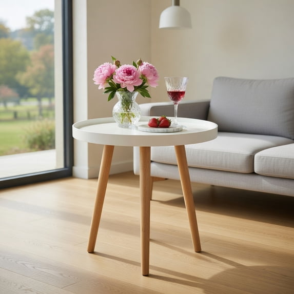 Demi Bonn Round Coffee Table, End Table, Round Side Sofa Coffee Table with Wooden Tray, for Living Room, Bedroom, White