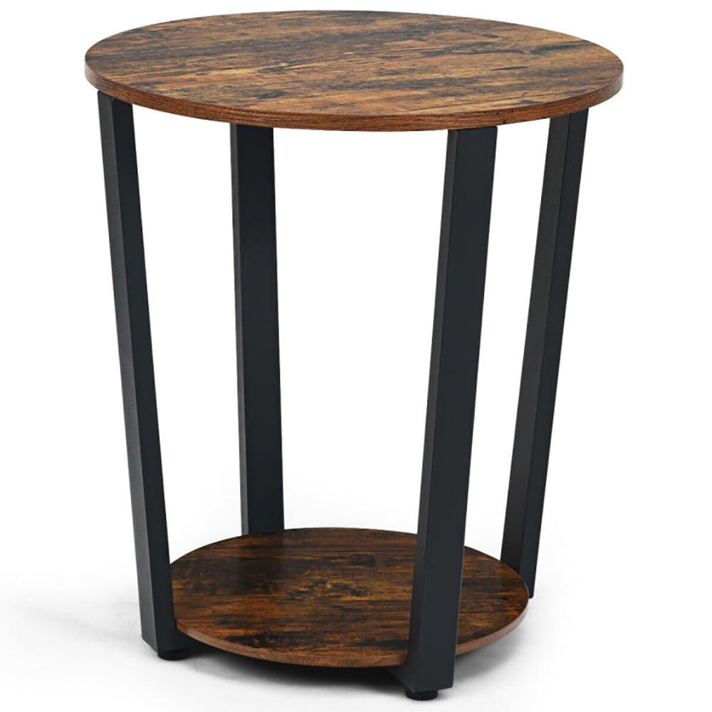 Finihen Round End Table, 2-tier Round End Table with Storage Shelf and Metal Frame for Living Room, Bedroom, Brown Finihen Round End Table, 2-tier Round End Table with Storage Shelf and Metal Frame for Living Room, Bedroom, Brown