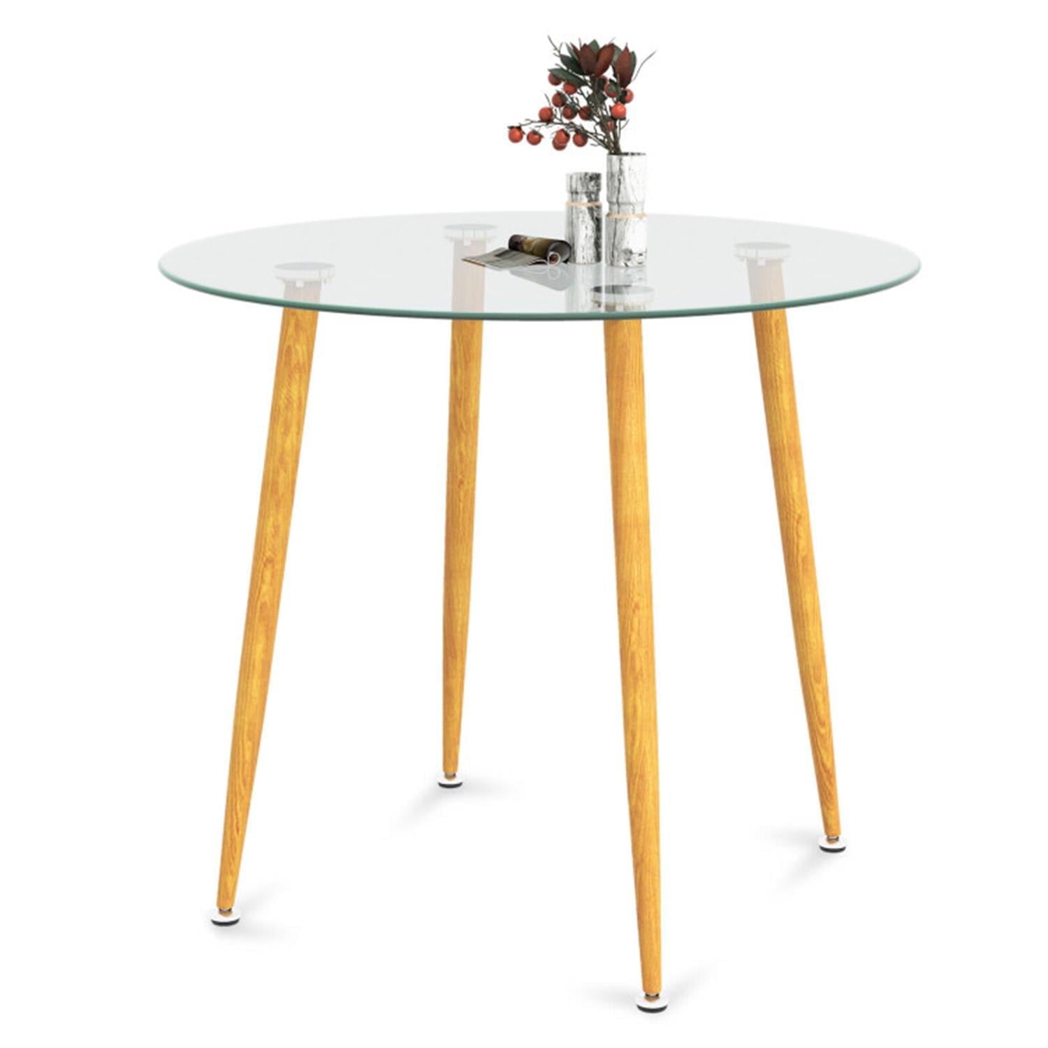 Demi Bonn Round Glass Dining Table Leisure Coffee Table with Metal Legs for Dining Room, Dinette, Compact Space-Saving, Natural