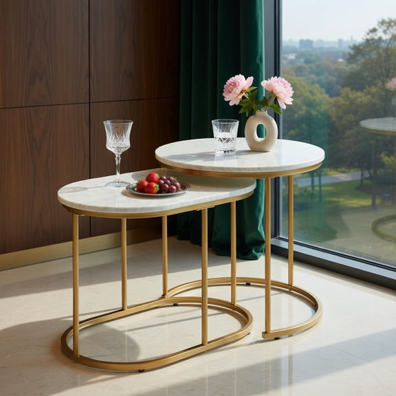 Demi Bonn Round Nesting Coffee Table, Modern Nesting Side Set, Modern Nesting Coffee Table Set of 2, for Living Room, Bedroom, Reception Room, White