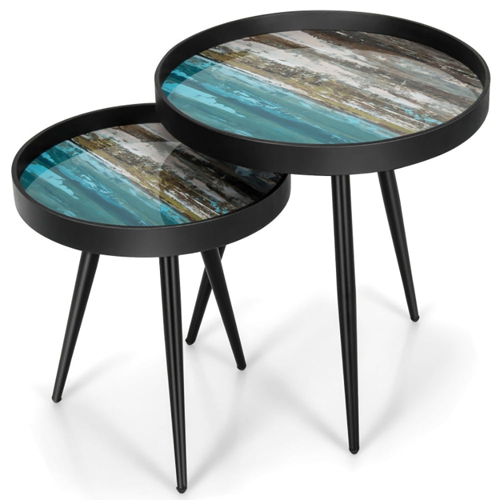 Finihen Round Nesting Coffee Table, Modern Nesting Side Set, Set of 2 Stylish Nesting End Tables with Wooden Tray Top and Steel Legs, for Living Room, Bedroom, Reception Room, Black Finihen Round Nesting Coffee Table, Modern Nesting Side Set, Set of 2 Stylish Nesting End Tables with Wooden Tray Top and Steel Legs, for Living Room, Bedroom, Reception Room, Black