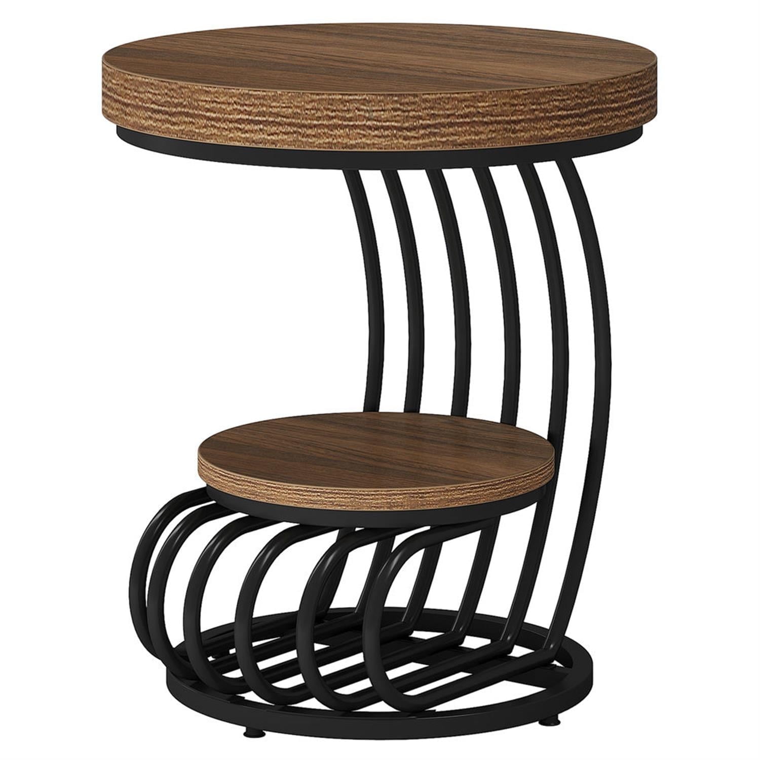 Demi Bonn Round Side Table with Metal Frame and Storage Shelf, 2 Tiers Faux Marble End Table Nightstand for Small Spaces, Living Room, Bedroom, Retro Brown