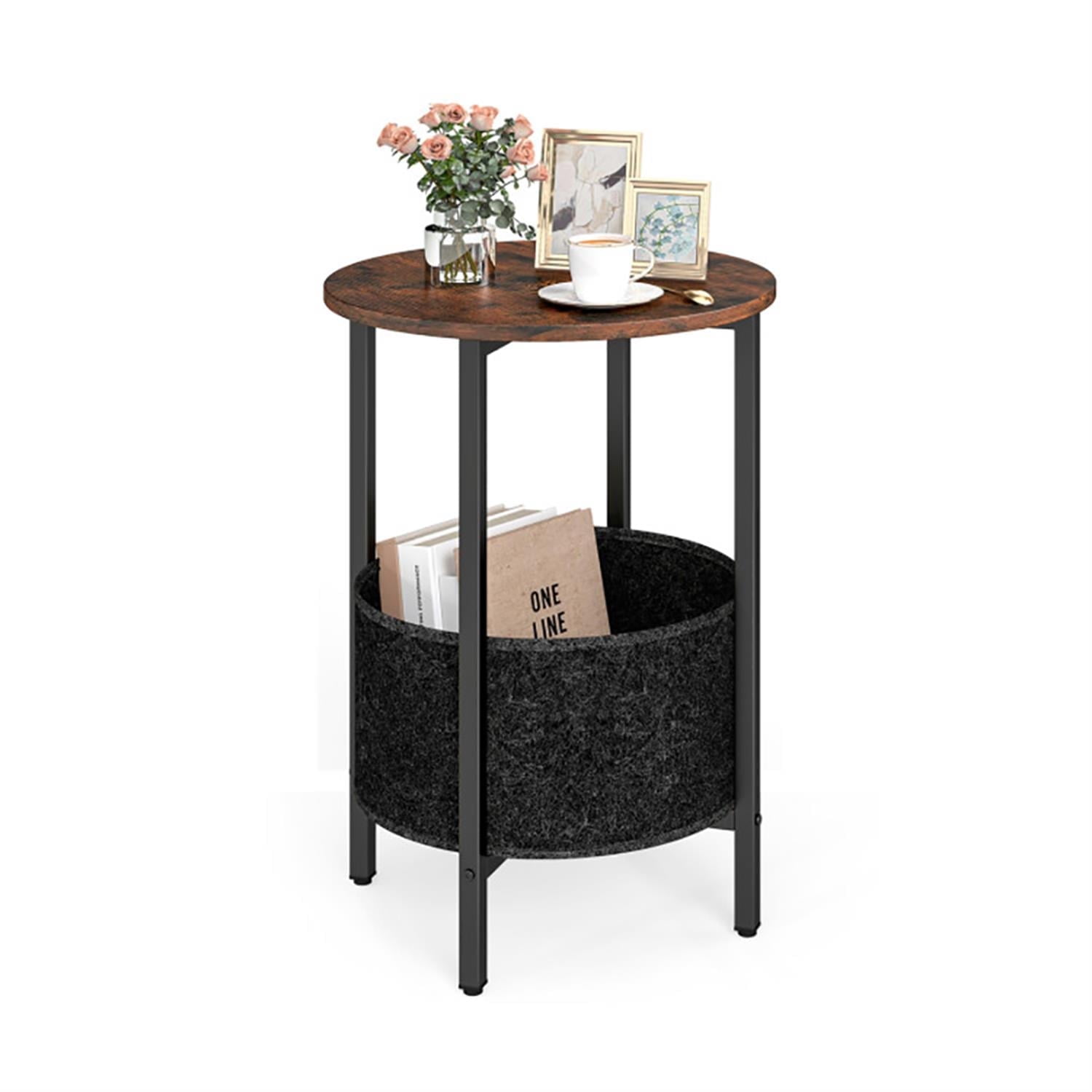 Demi Bonn Round Sofa Side Table, 2-Tier End Table with Removable Fabric Basket and Metal Frame, Nightstand for Small Spaces, Living Room, Bedroom, Brown