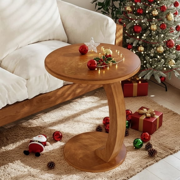 Demi Bonn Round Solid Wood Side Table, C-Shaped End Table Nightstand for Small Spaces, Living Room, Bedroom, Brown