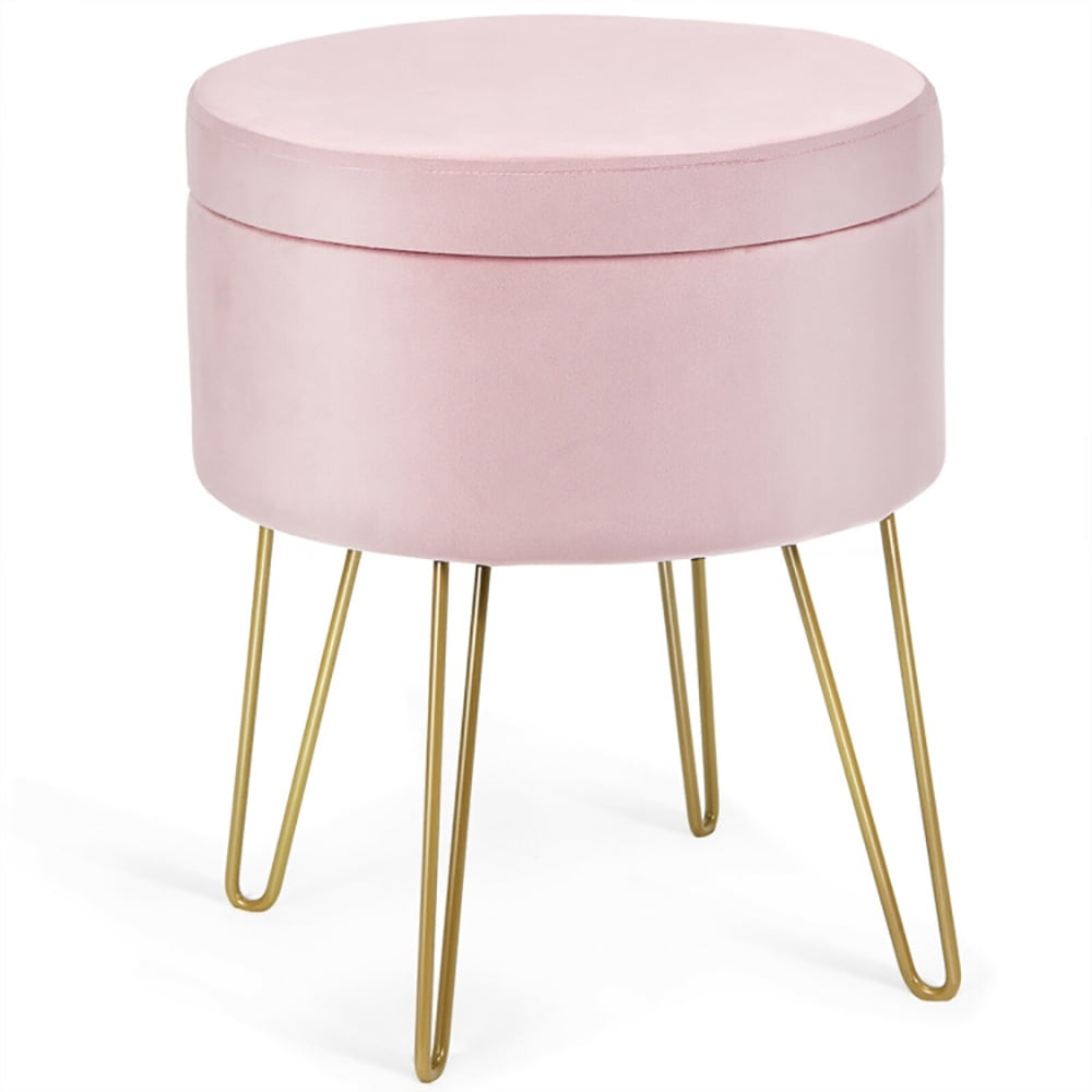 Finihen Round Velvet Storage Ottoman, Footrest Stool, Vanity Chair with Metal Legs, for Living Room, Bedroom, Pink Finihen Round Velvet Storage Ottoman, Footrest Stool, Vanity Chair with Metal Legs, for Living Room, Bedroom, Pink