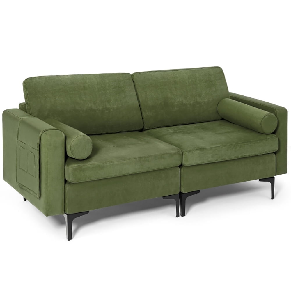 Demi Bonn Sectional Sofa Couch, Loveseat Sofa, Modern Loveseat Sofa with 2 Bolsters and Side Storage Pocket, for Living Room, Army Green