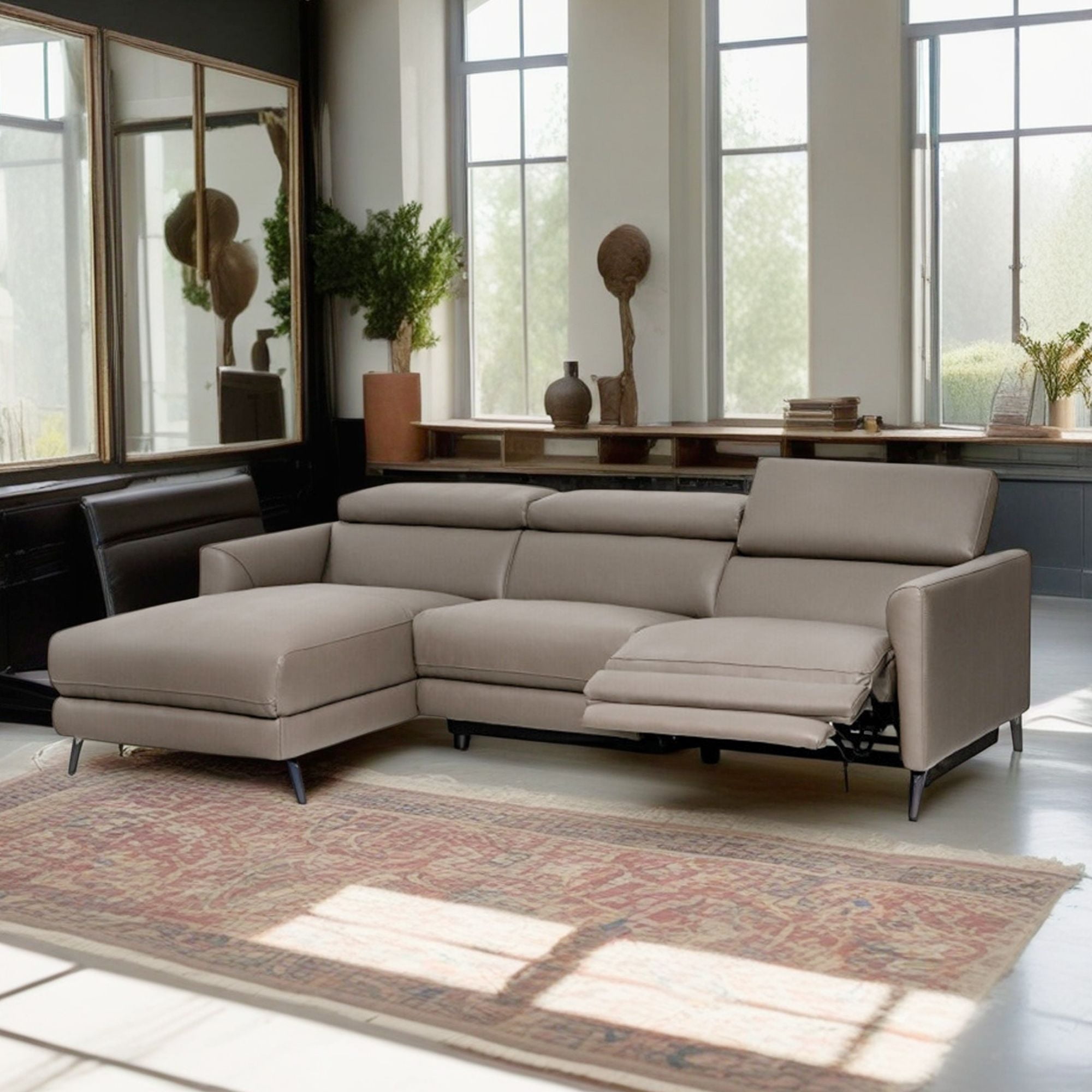 Demi Bonn Sectional Sofa, Leather Sofa Bed, Leather Air Power Reclining Sectional Sofa with Adjustable Headrests, for Living Room, Gray
