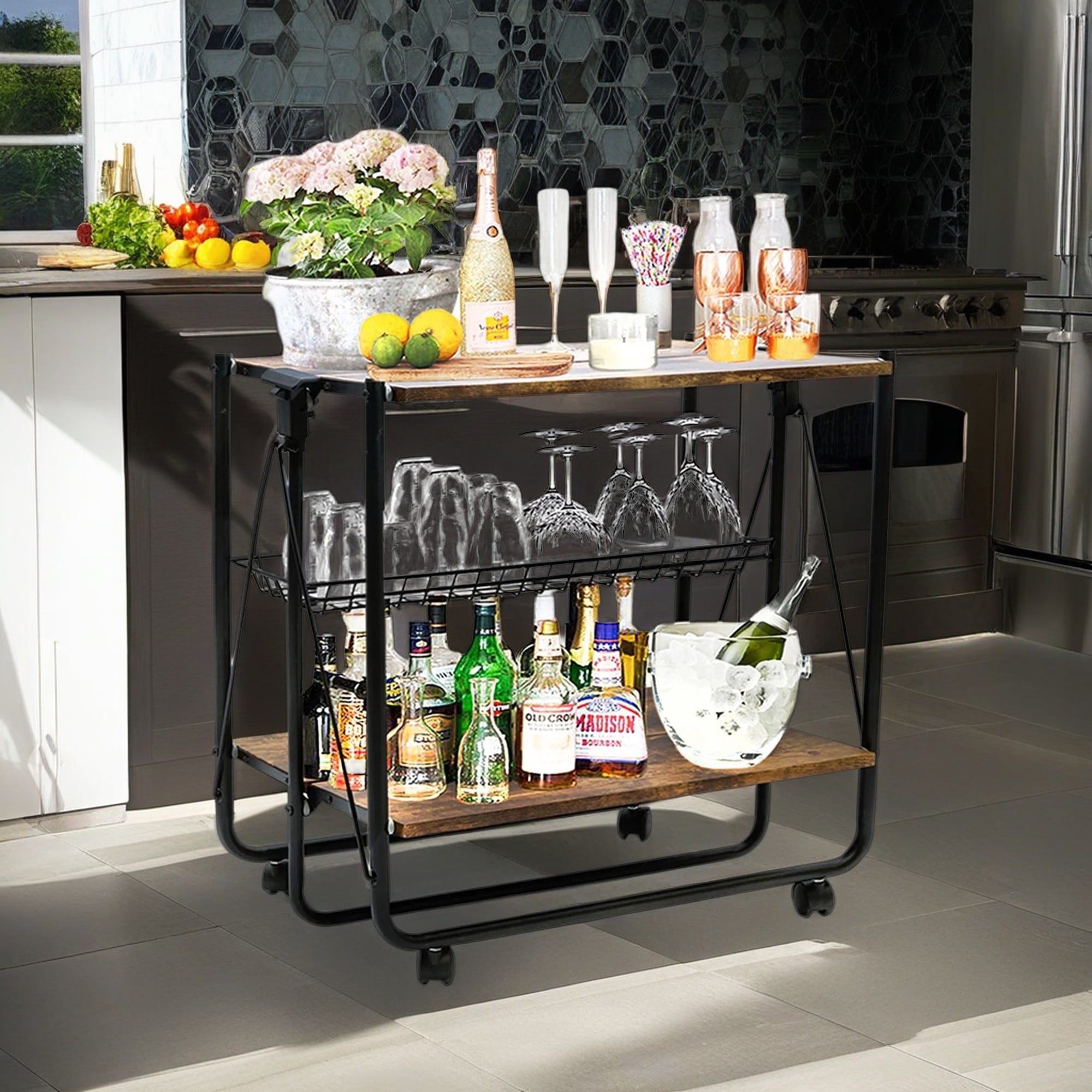 Demi Bonn Serving Bar Cart, 3 Tier Home Rolling Rack with Wheels Mobile Kitchen Serving Cart,Industrial Vintage Style Wood Metal Serving Trolley, Brown