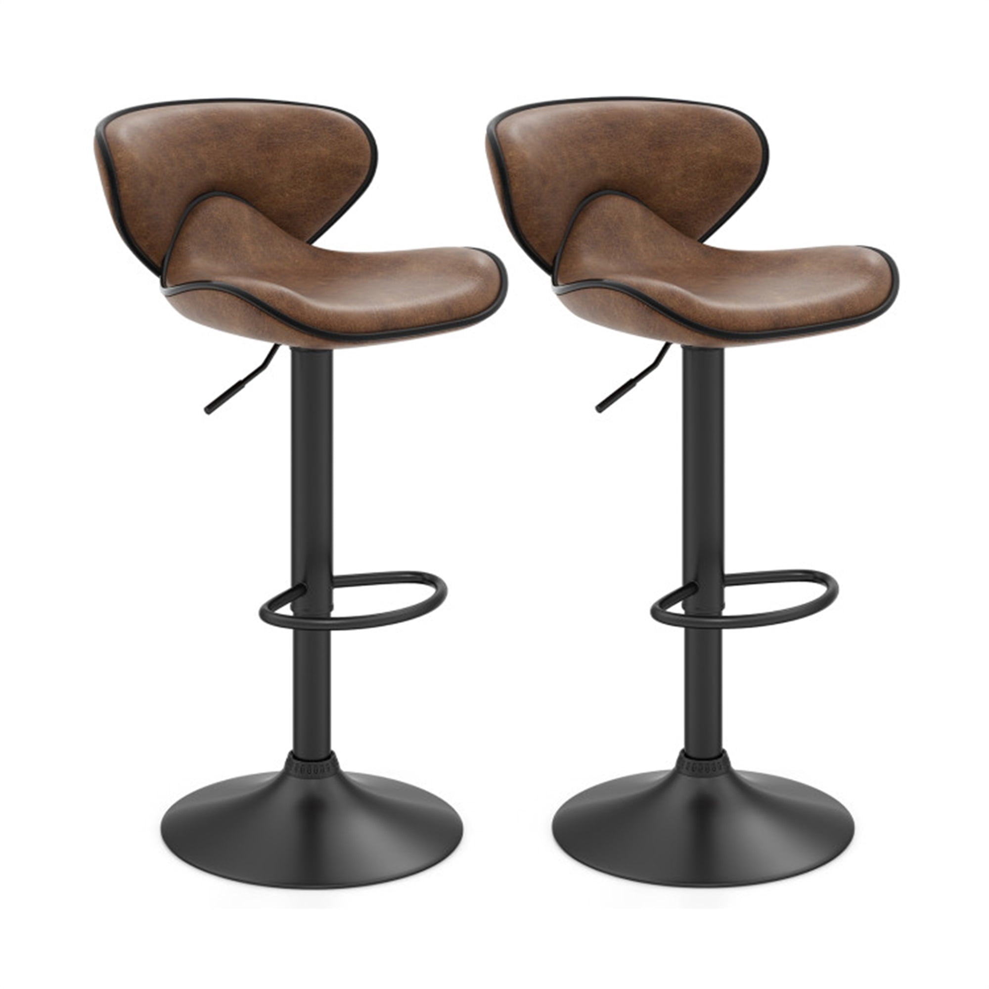Demi Bonn Set of 2 Adjustable Swivel PU Leather Bar Stools with Curved Footrest, Modern Dining Chair with Backrests, Brown