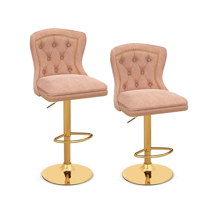 Finihen Set of 2 Bar Chairs with Footrest Electroplated Metal Base and Anti-Slip Ring, Modern Dining Chair with Backrests, Pink Finihen Set of 2 Bar Chairs with Footrest Electroplated Metal Base and Anti-Slip Ring, Modern Dining Chair with Backrests, Pink