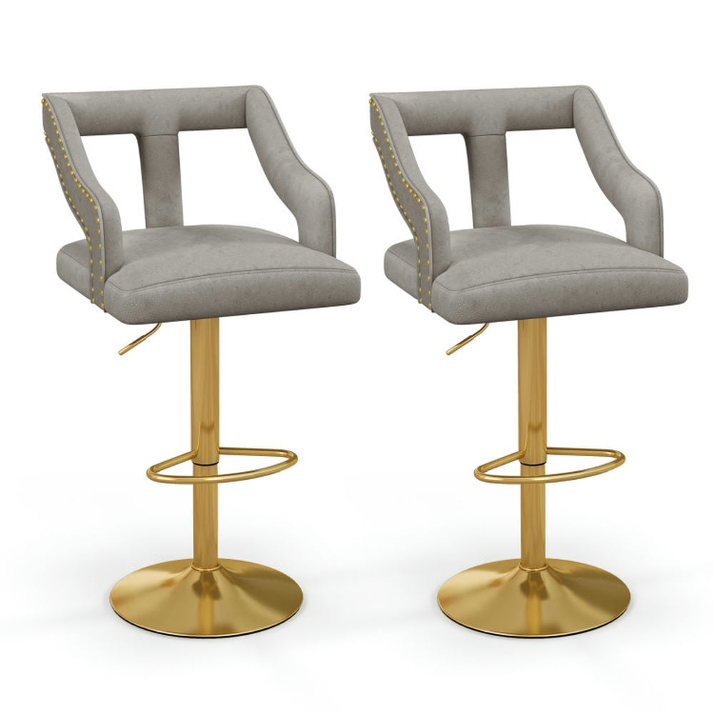 Finihen Set of 2 Bar Chairs with Footrest and 2-Layer Electroplated Metal Base, Modern Dining Chair with Backrests, Gray Finihen Set of 2 Bar Chairs with Footrest and 2-Layer Electroplated Metal Base, Modern Dining Chair with Backrests, Gray