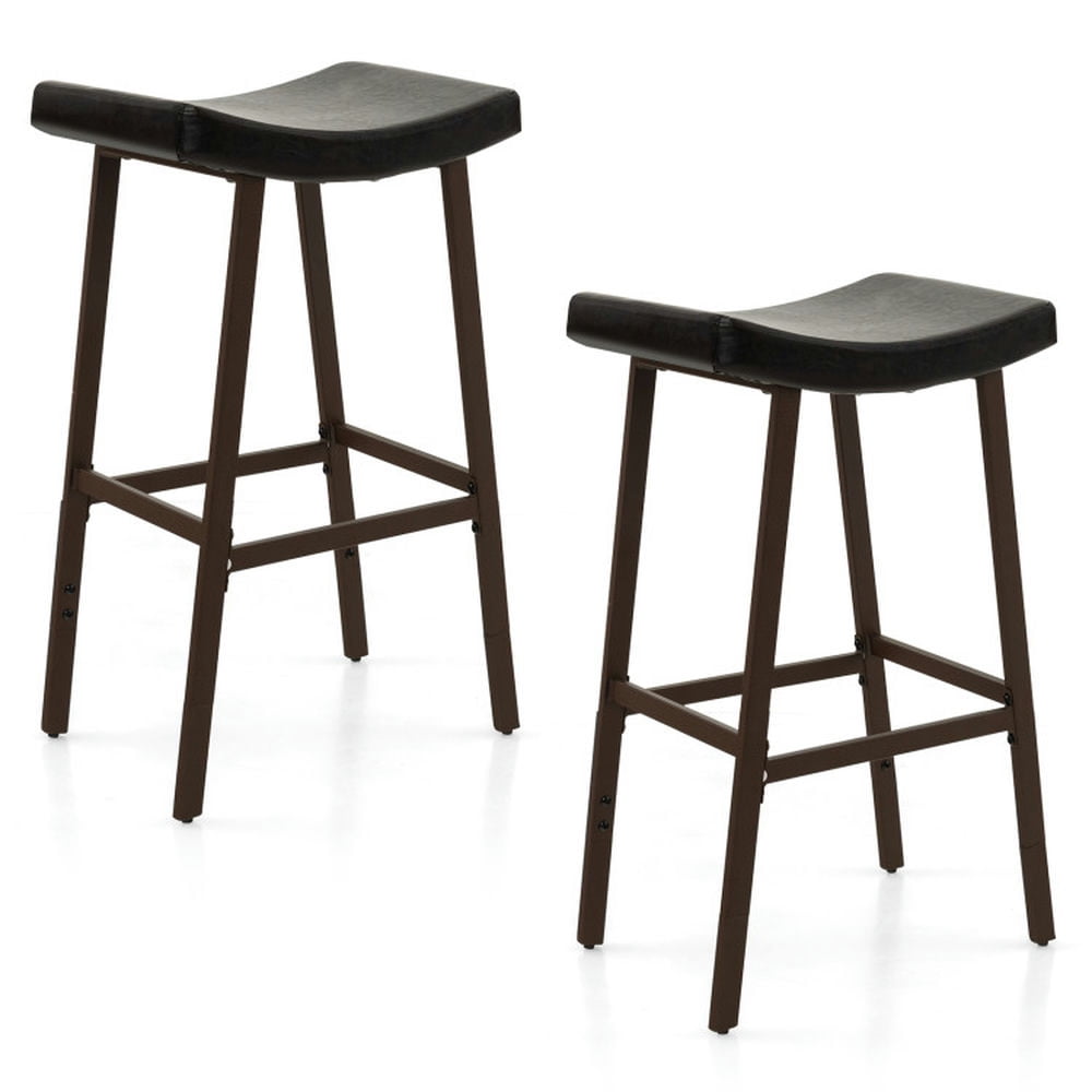 Finihen Set of 2 Bar Stools with PU Leather Upholstered Saddle Seat and Footrest, Modern Kitchen Dining Chair, Brown