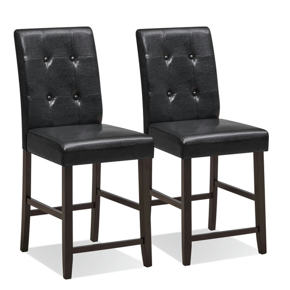 Demi Bonn Set of 2 Bar Stools with Rubber Wood Legs and Button-Tufted Back, Modern Dining Chair, Black