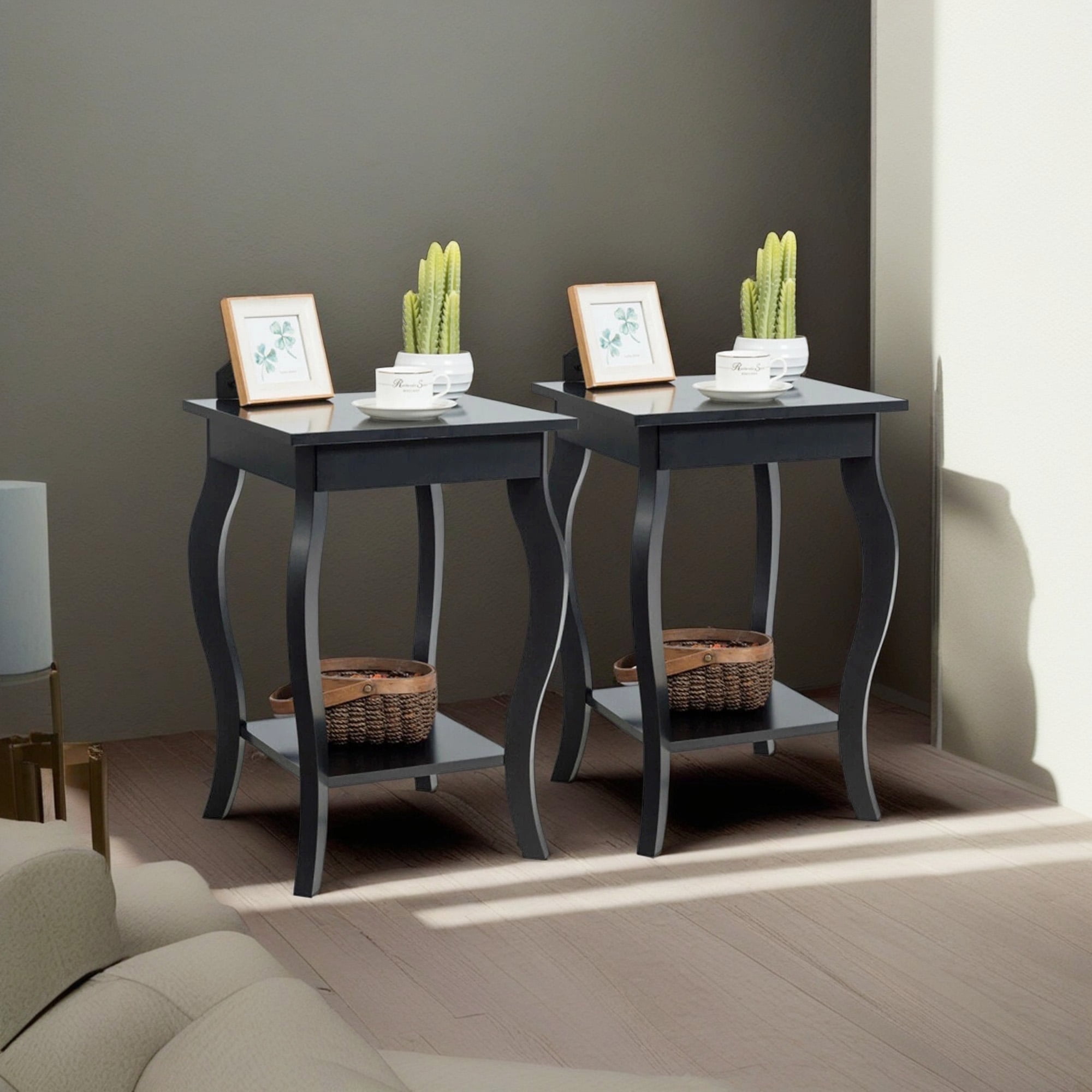 Demi Bonn Set of 2 End Side Table, Square Nightstand, Sofa Table Night Stand with Shelf, for Living Room, Bedroom, Black