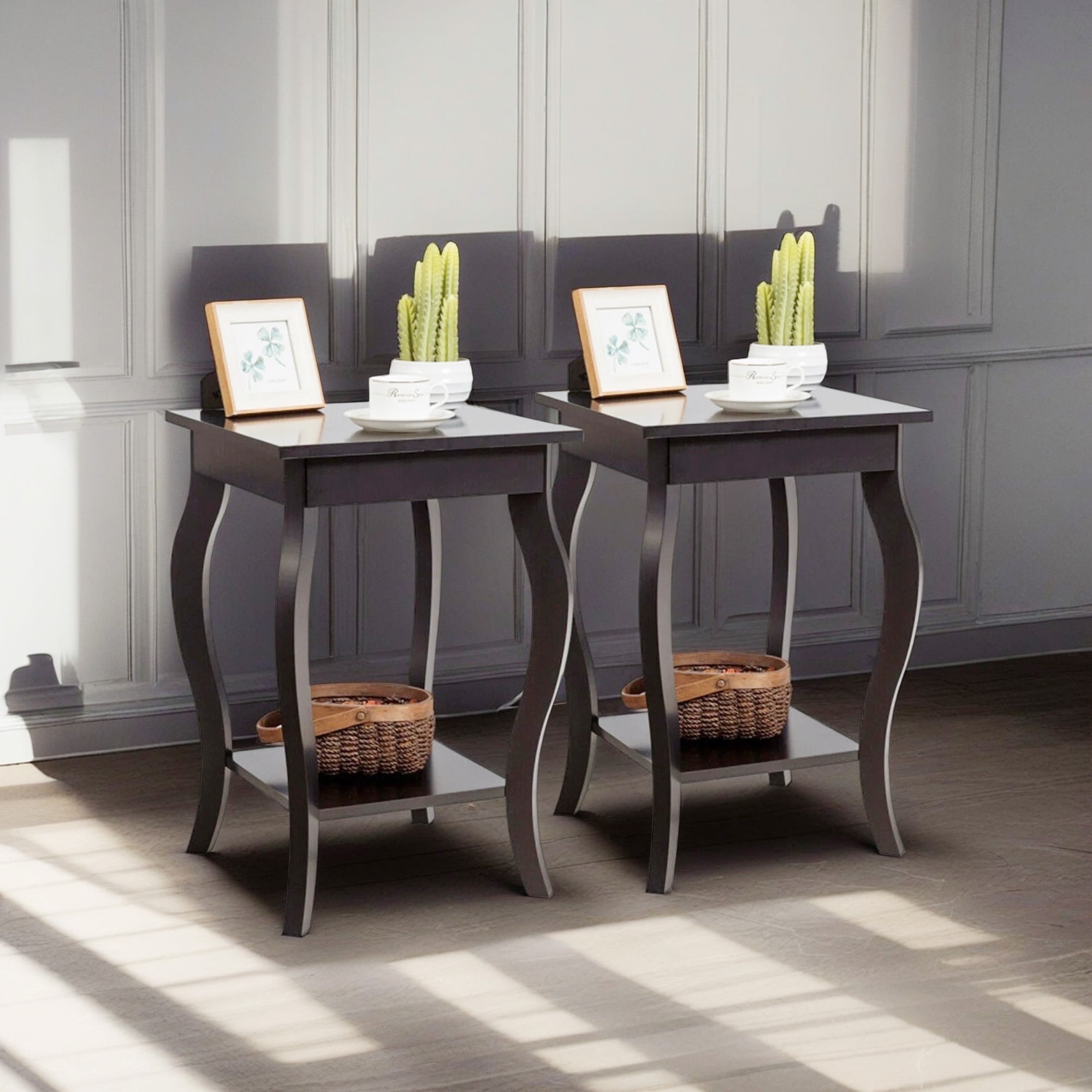 Demi Bonn Set of 2 End Side Table, Square Nightstand, Sofa Table Night Stand with Shelf, for Living Room, Bedroom, Brown