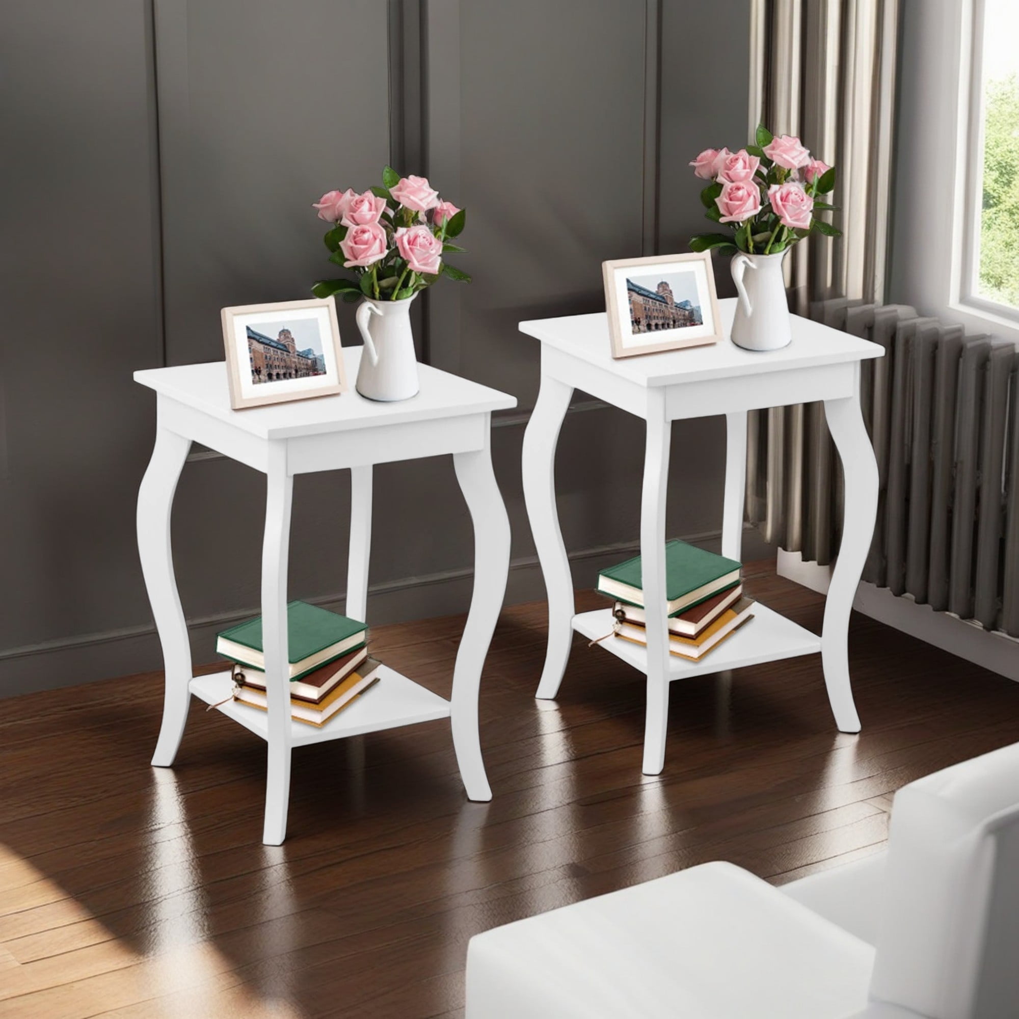 Demi Bonn Set of 2 End Side Table, Square Nightstand, Sofa Table Night Stand with Shelf, for Living Room, Bedroom, White