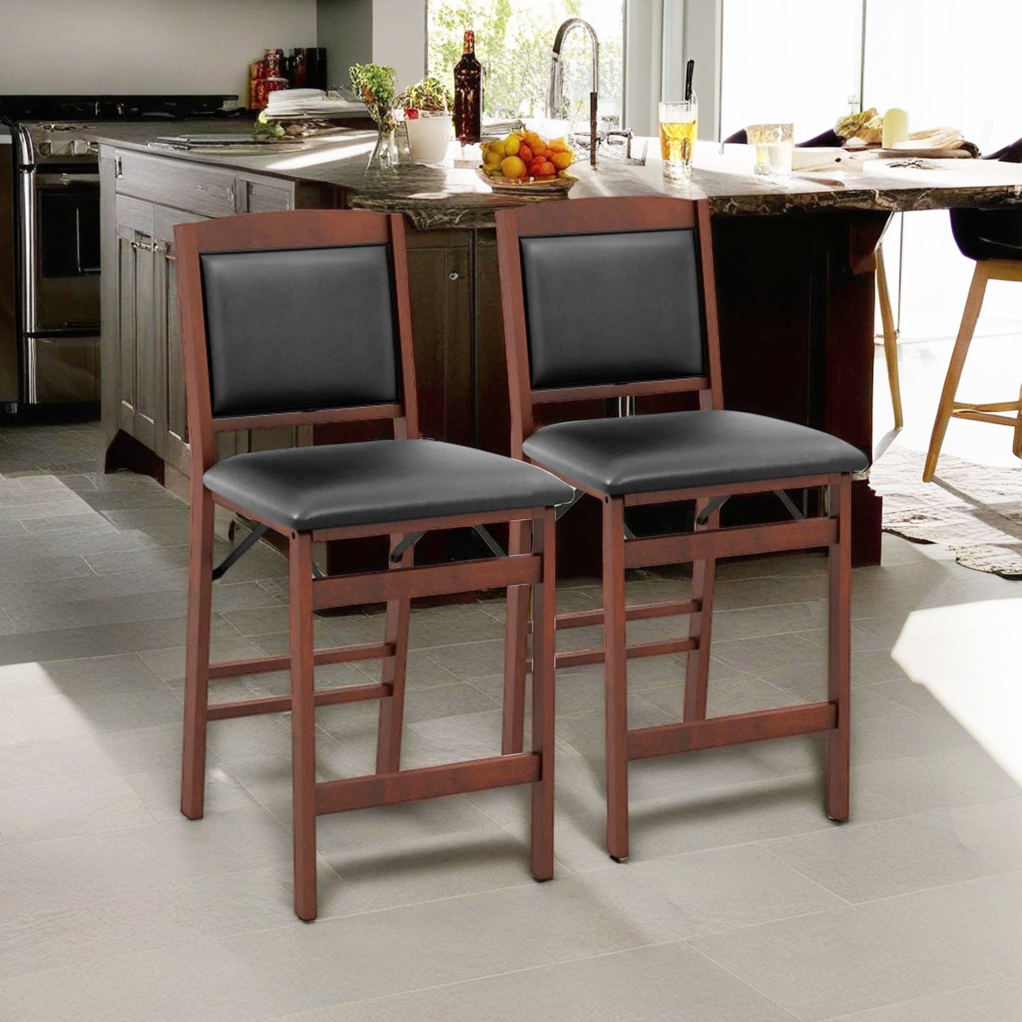 Demi Bonn Set of 2 Folding Kitchen Island Stool with Rubber Wood Legs, Modern Dining Chair with Backrests, Brown