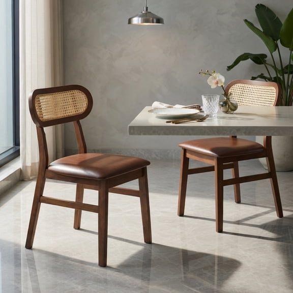 Demi Bonn Set of 2 Indoor Mid Century Wood Dining Chairs with Breathable Mesh Cane Backrest for Dining Room, Brown