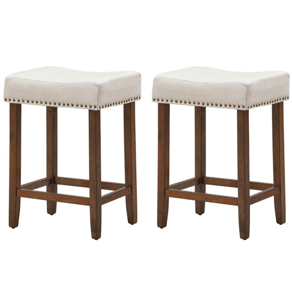 Finihen Set of 2 Nailhead Saddle Bar Stools, 24" Height Indoor Modern Dining Chair, Beige Finihen Set of 2 Nailhead Saddle Bar Stools, 24" Height Indoor Modern Dining Chair, Beige