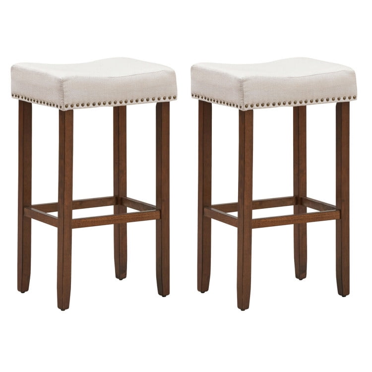 Finihen Set of 2 Nailhead Saddle Bar Stools, 29" Height Indoor Modern Dining Chair, Beige Finihen Set of 2 Nailhead Saddle Bar Stools, 29" Height Indoor Modern Dining Chair, Beige
