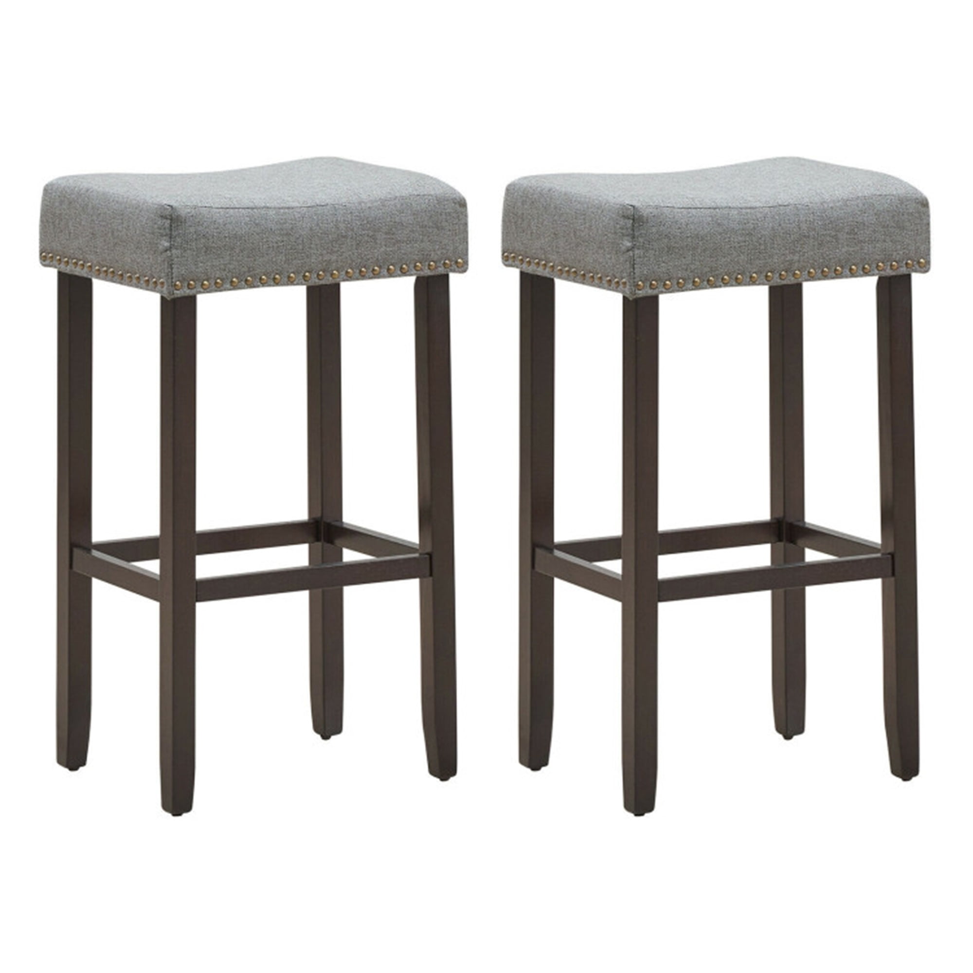 Finihen Set of 2 Nailhead Saddle Bar Stools, 29" Height Indoor Modern Dining Chair, Gray