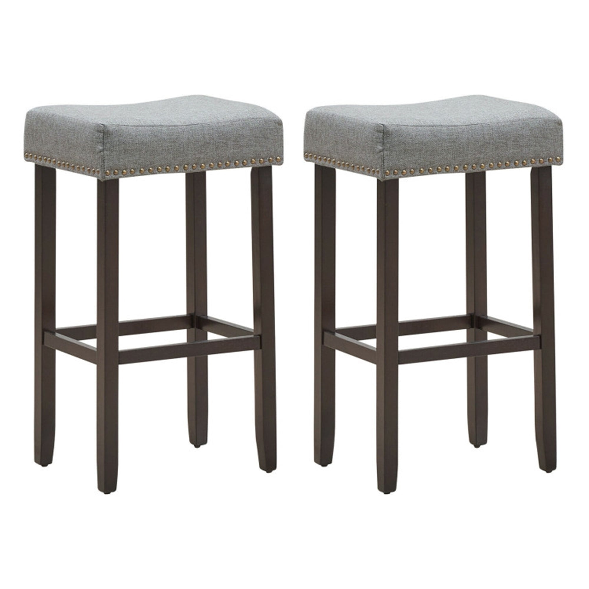 Demi Bonn Set of 2 Nailhead Saddle Bar Stools, 29" Heightdoor Modern Dining Chair, Gray