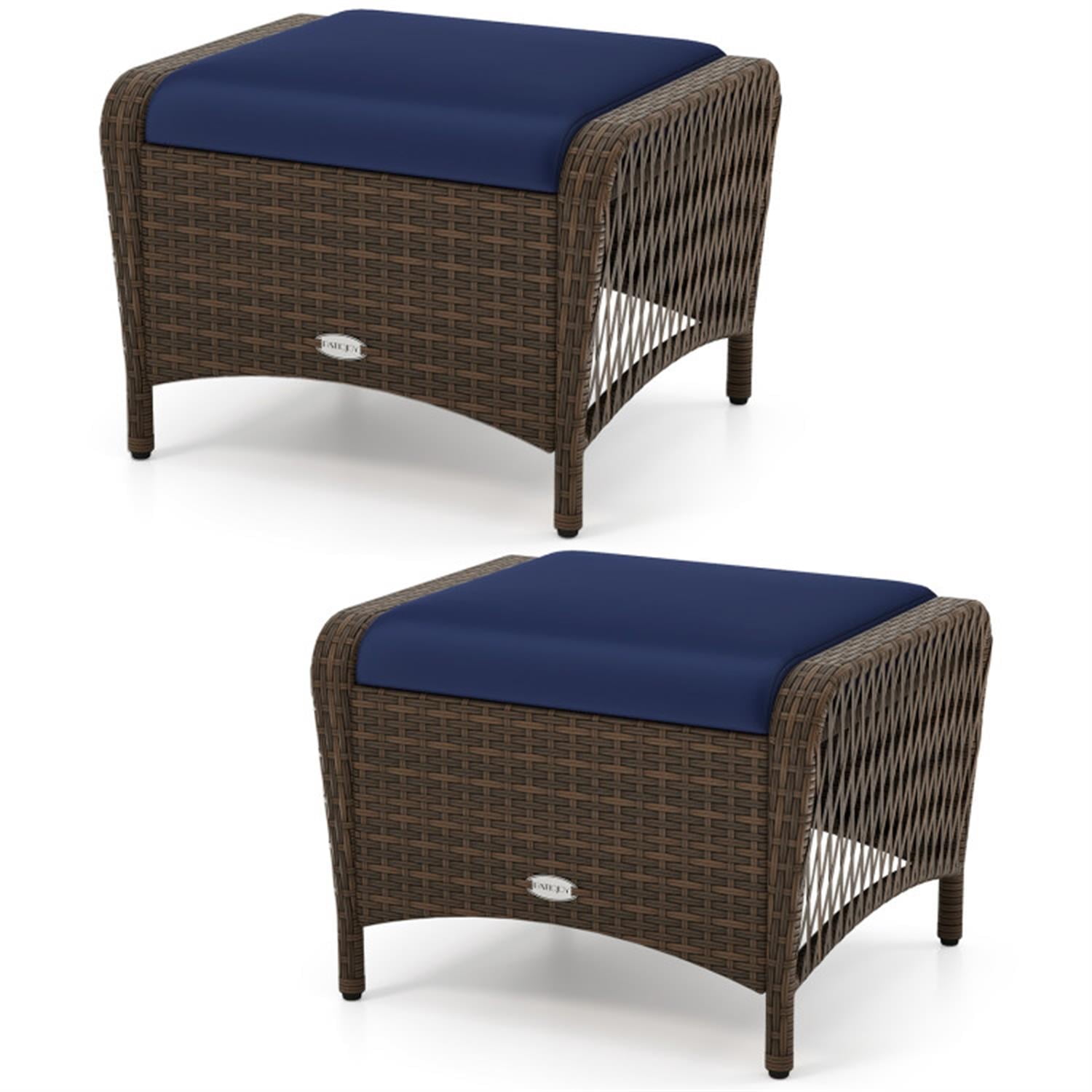 Demi Bonn Set of 2 Outdoor Patio PE Wicker Ottomans with Removable Cushions for Yard, Pool or Backyard, Blue