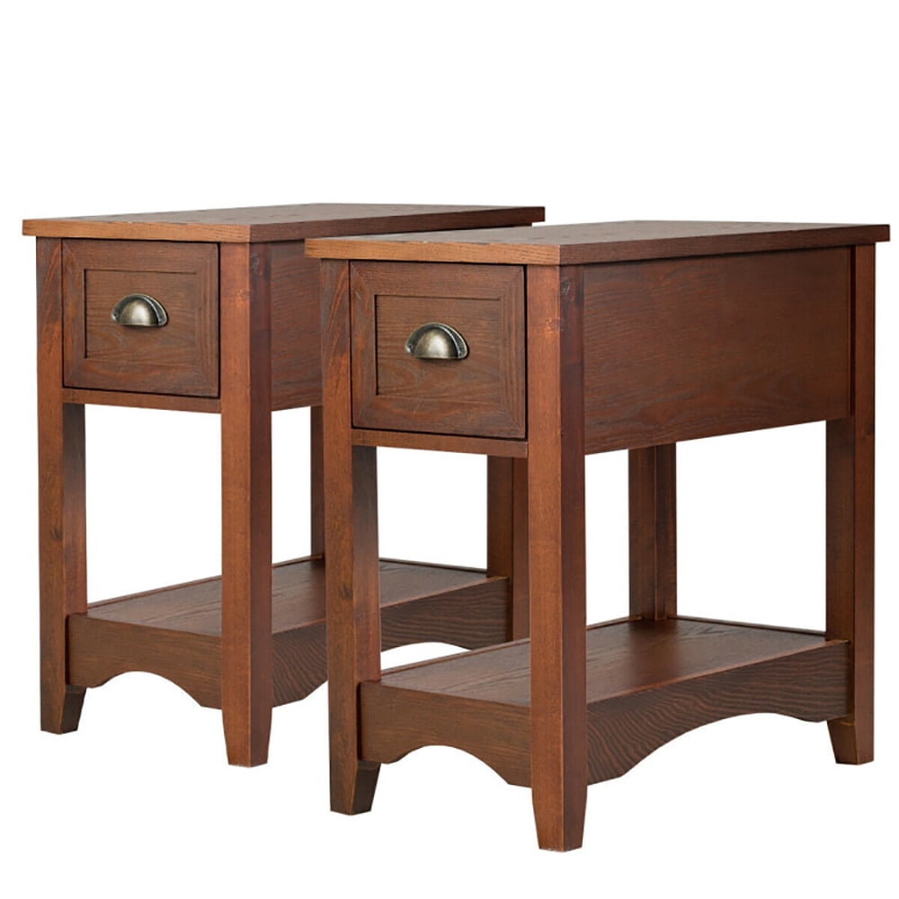 Finihen Set of 2 Side End Table, Bed Side Tables, Contemporary Side End Table with Drawer, for Living Room, Bedroom, Walnut