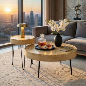 Demi Bonn Set of 2 Solid Wood Coffee Table with Metal Legs, Farmhouse Round End Tables with Ring Pattern for Living Room, Reception Room, Natural
